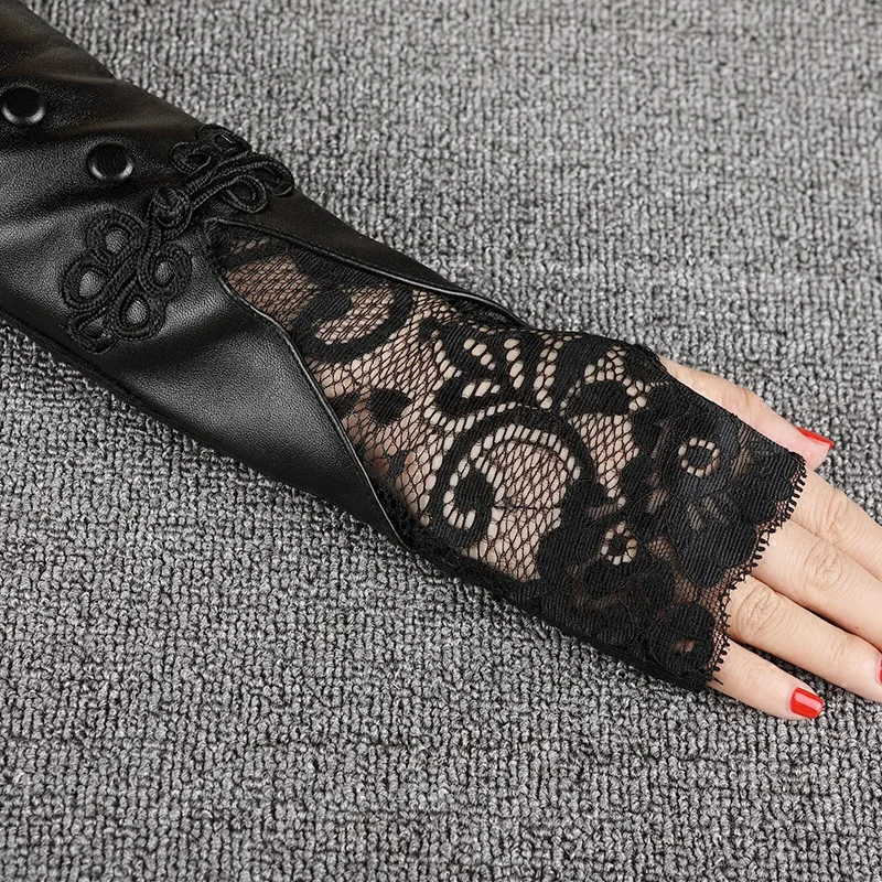 Fashion Black Sheepskin Gloves Female 40cm Long Arm Warmers Lace Chinese knot Women Semi-Fingers Gloves Genuine Leather Mittens