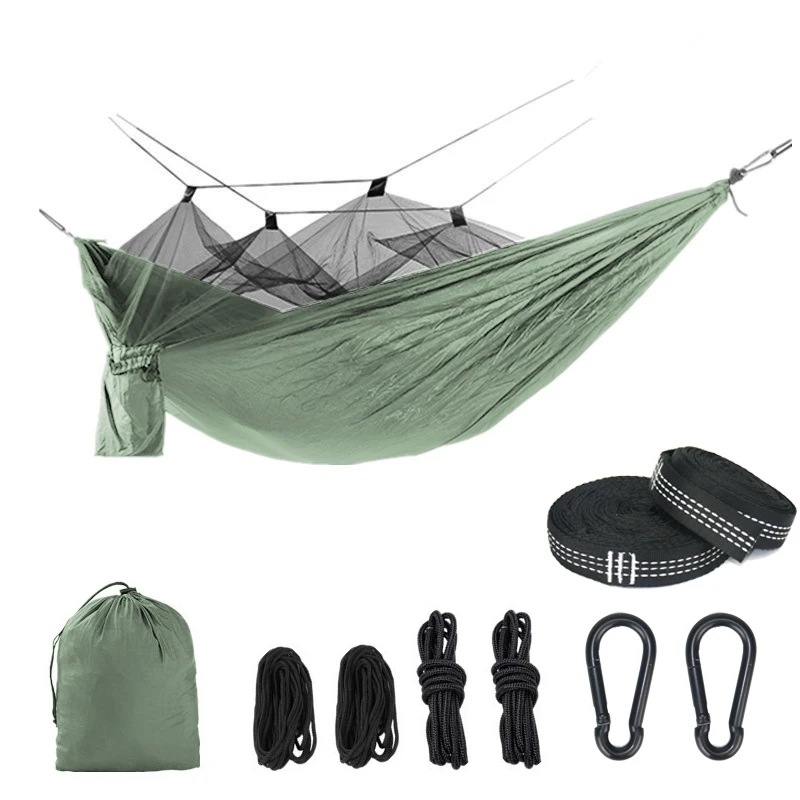 Single Person Portable Outdoor Camping Hammock With Mosquito Net 8pc accessories Adult Sleeping Bed Picnic Hanging Bed Hammock - Цвет: green