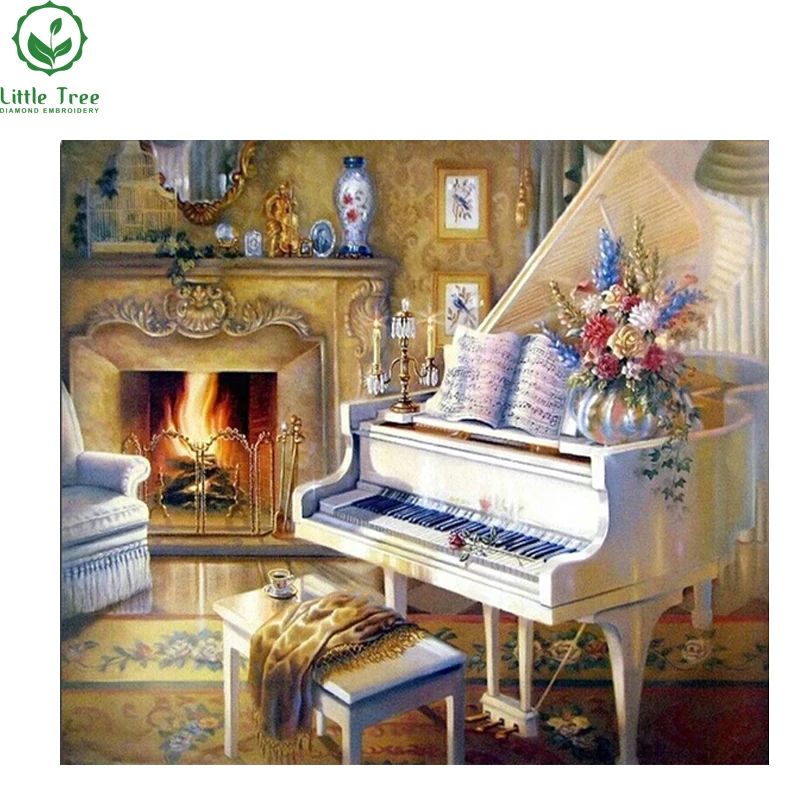 

Warm Room Diamond Painting Cross Stitch Kits white Piano & fireplace Embroidery Beautiful Crystal Needlework Living Room Decor