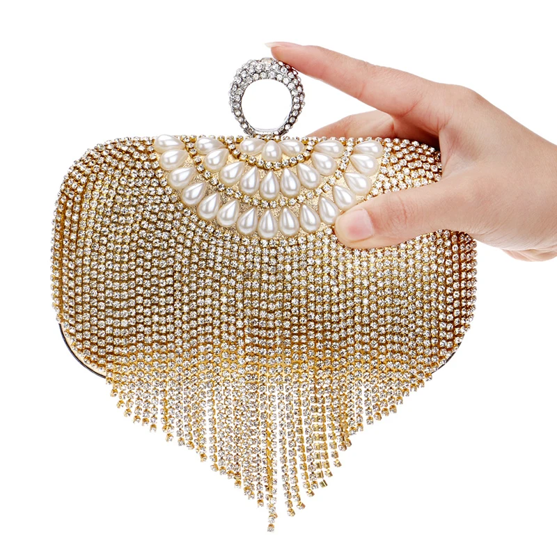 Luxy Moon Tassel Gold Rhinestone Clutch Bag Front View