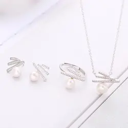 [MeiBaPJ] натуральный пресноводный жемчуг Геометрическая модель ювелирный набор Настоящее серебро 925 ожерелье серьги и кольцо 3 шт. набор для