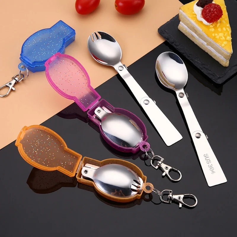 

Portable Folding Simple Stainless Steel Spoon Cutlery Fork Creative Dinnerware Sets with Plastic Holder