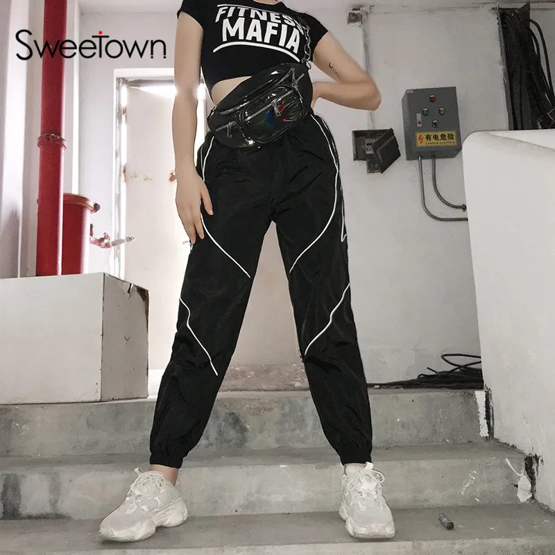 

Sweetown Side Striped Patchwork Harem Pants Streetwear Casual Loose Hippie Joggers Women Black Elastic High Waist Sweatpants