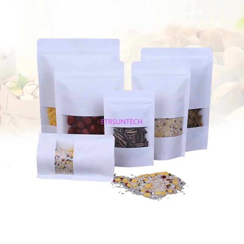 

1000pcs/lot White Stand up Zip Lock Pouches with scrub window Clear display, Resealable Kraft Paper bag Grip Self Seal Packaging