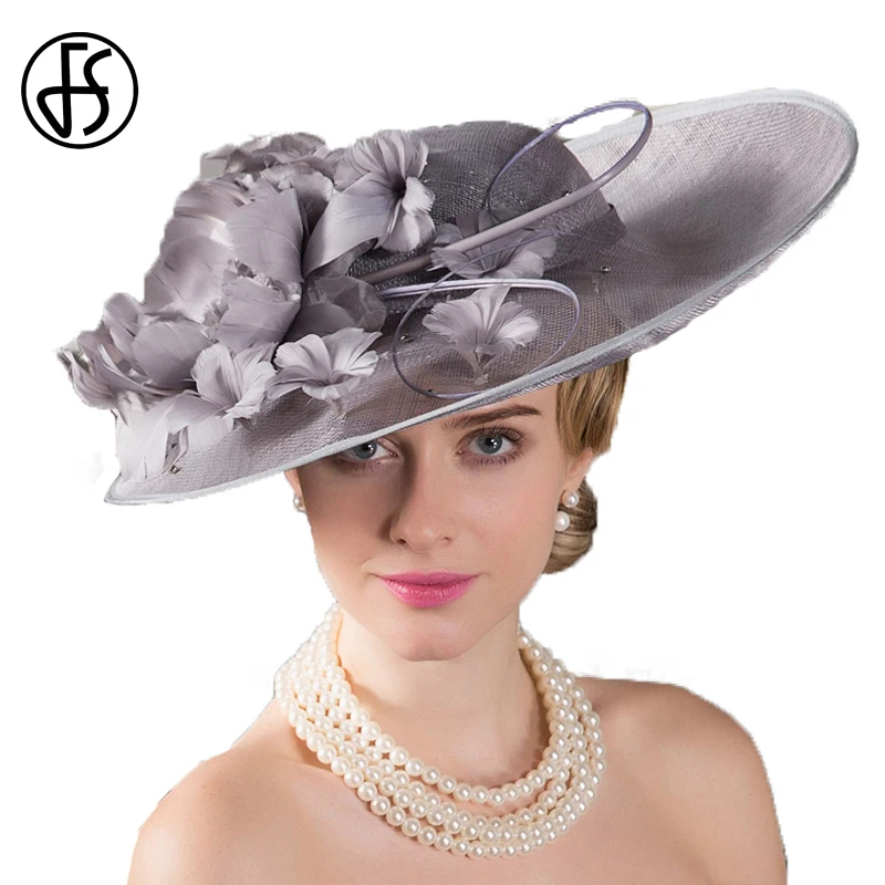 FS королевская шляпа для женщин, Свадебные шляпы с большими широкими полями, винтажные головные уборы Sinamay, женские шляпы Кентукки, Дерби, серебристые Цветочные льняные фетровые шляпы