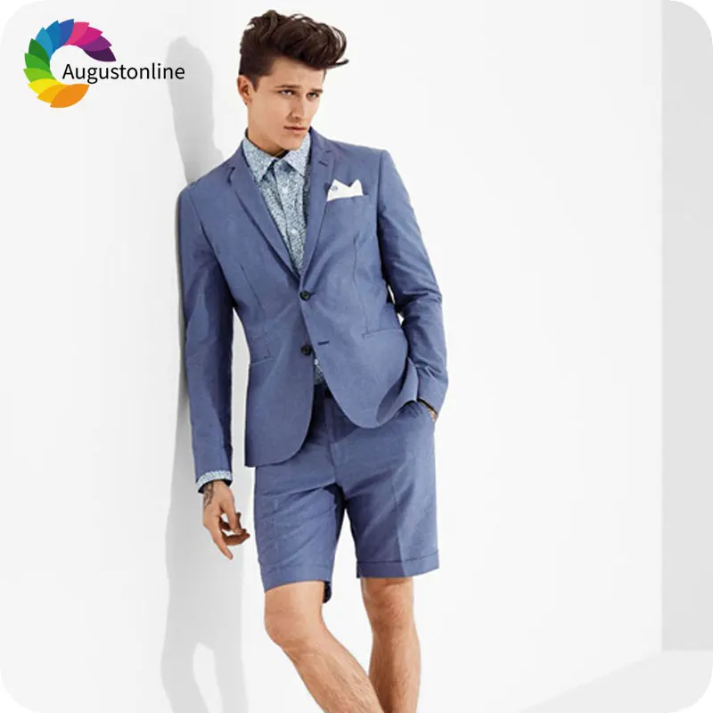 Custom Made Blue Men Short Pants Suits for Weddings Casual Summer Male Blazer Slim Fit Groom Tuxedo 2Piece Jacket Costume Homme