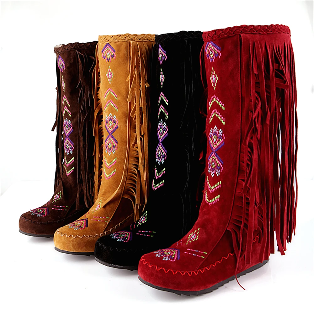 DORATASIA/ г. осенне-зимние сапоги до колена с бахромой в богемном стиле, размеры 34-48 модная женская повседневная обувь с вышивкой
