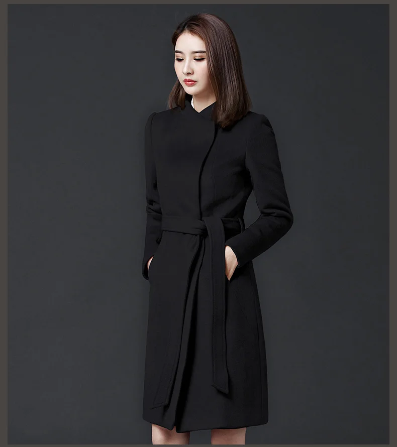 Осенне-зимняя шерстяная куртка для занятий, женское тонкое длинное шерстяное пальто, высокое качество, женские черные комбинезоны со стоячим воротником, большие размеры, B443