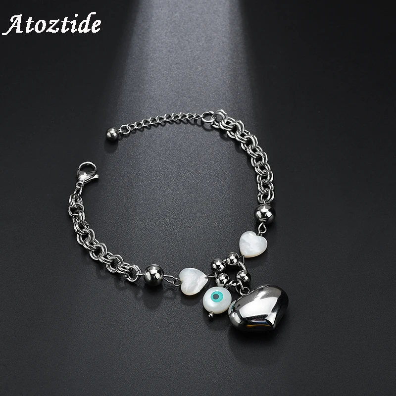 

Atoztide Fashion 3 Heart Stone Evil Eye Bracelets Silver Stainless Steel Adjustable Bangle Religious Jewelry for Female