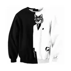 Черный, белый цвет пуловер Классический Цвет Для мужчин Толстовка смешная маленькая кошка принт в стиле панк-рок Стиль мальчик толстовки