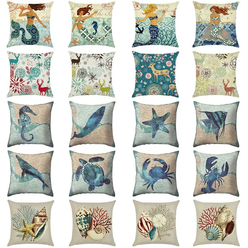

Vintage Ocean Series Throw Pillow Case Beach Flax Home Textile Blue Shell conch, elk, fish crab pattern