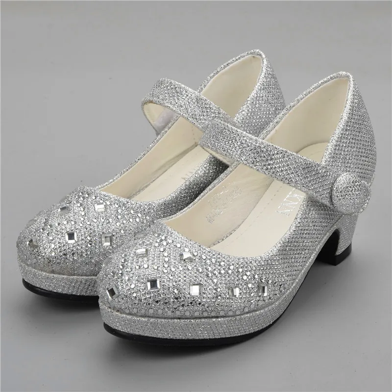Детская обувь принцессы для девочек; сандалии на высоком каблуке; блестящая обувь со стразами; Enfants Fille; женские вечерние модельные туфли