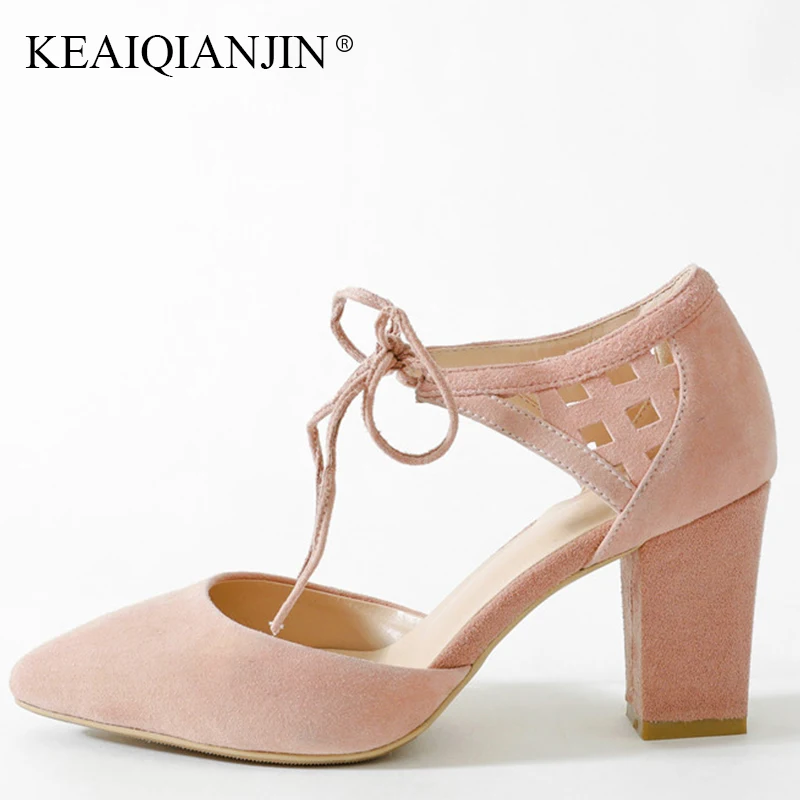 

KEAIQIANJIN Woman Genuine Leather Gladiator Sandals Fashion Pink High Heeled Shoes Summer Black Plus Size 33 41 Lace Up Sandals