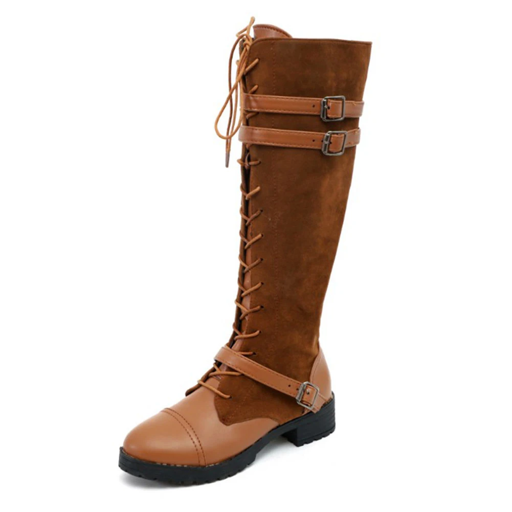 

YJSFG HOUSE Women Knee High Boots PU leather Lace Up winter Boots Vintage Buckle Punk Style Womens Riding Boots Botas Mujer