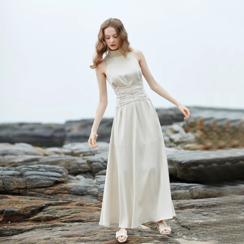 

Women Summer Dresses Ladies Vintage Retro Elegant Slim Cross Bandage Long Dress Femme Casual Formal Champagne Maxi Dress clothes