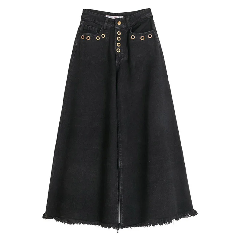 

Spring Fall Casual Womens High Waisted Black Wide Leg Jeans Trousers , Female Woman Washed Tassel Detroyed Cotton Denim Pants