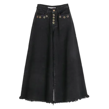 

Spring Fall Casual Womens High Waisted Black Wide Leg Jeans Trousers , Female Woman Washed Tassel Detroyed Cotton Denim Pants