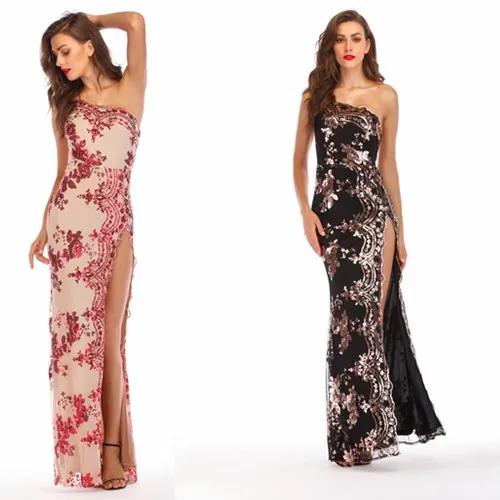 

2018 New Arrival Elegant Women Evening Party Dress Slim Split Formal Dresses Sexy Vestidos One Shoulder Shiny Sequins Femme Robe