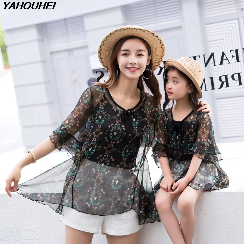 

Chiffon Shirt Mother Daughter Matching Sleeveless Happy Family Matching Short Pant Mother Daughter Clothing Summer Pant