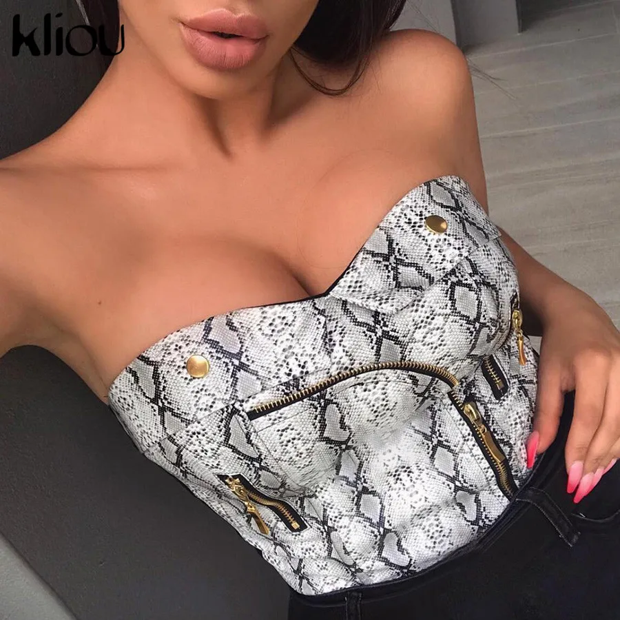 

Kliou women fashion Snakeskin pattern crop tank tops 2018 new zipper strapless off-shoulder female street party club tank tees