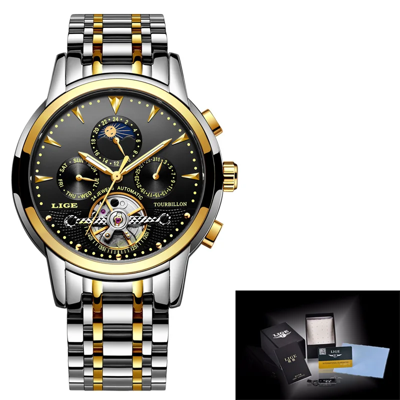 LIGE, мужские механические часы с турбийоном, водонепроницаемые, автоматические, с скелетом, деловые наручные часы, мужские Relojes Hombre - Цвет: Steel gold black