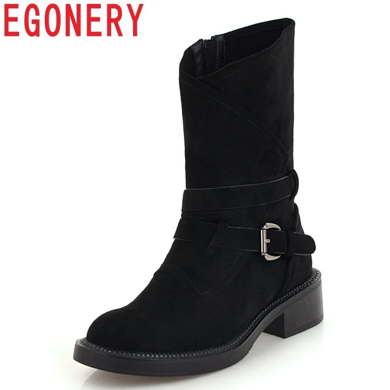 

EGONERY free shipping high quality faux suede new concise buckle zipper shoes women med hoof heels round toe warm mid calf boots
