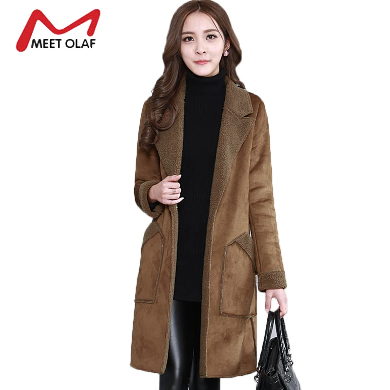 2017 Women Suede Leather Coats Winter Autumn Long Jacket Faux Sheepskin Outerwear Female Overcoat Trench coats Windbreaker Y1426
