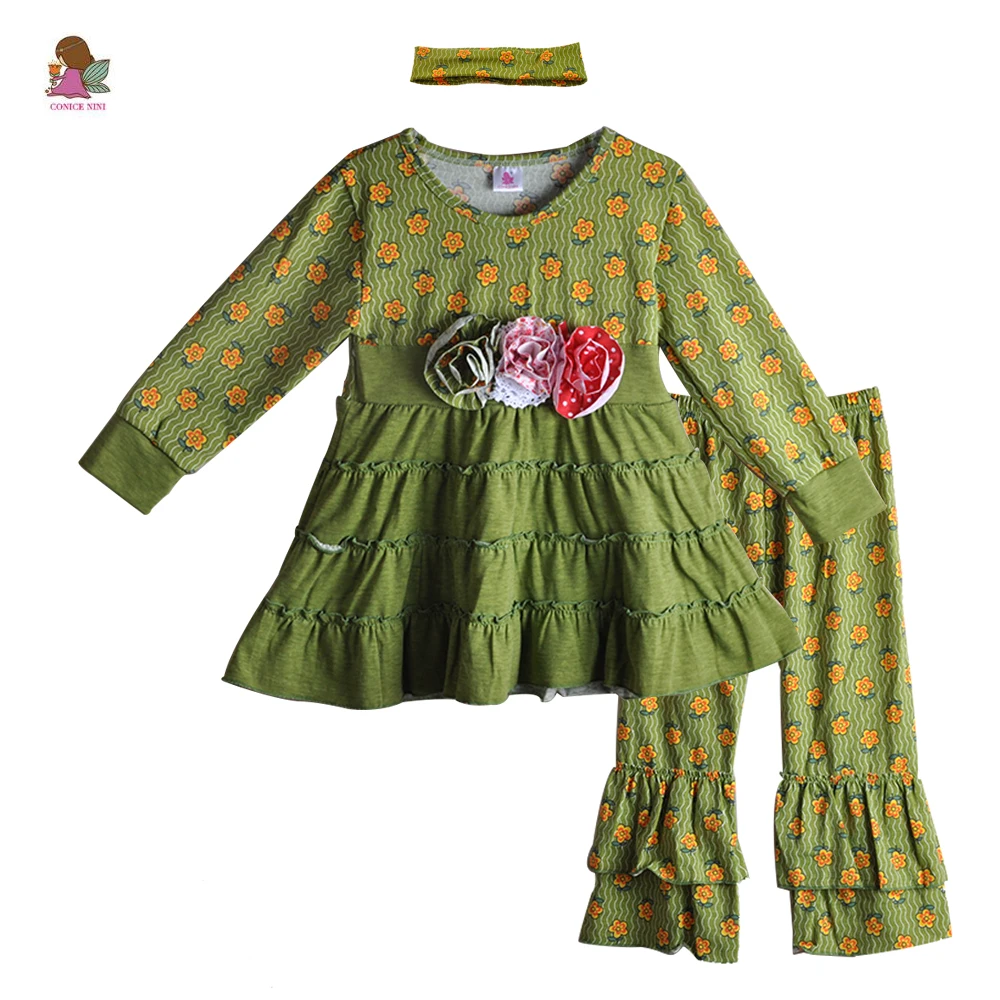 2017甘い女の子の綿の花のドレス秋armygreenフリルパンツキッズ衣装卸売子供リメイク服3ピースセットf140
