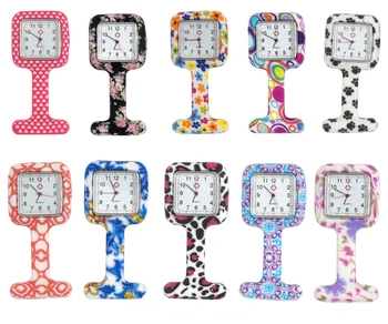 

10pcs Square Clip on Silicon Rubber Nurse FOB Watch Women Docter Hanging Pocket Medical Watch Free Shipping Gift Floral Printing