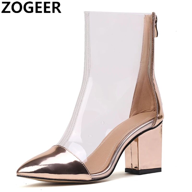 

2018 Spring Transparent Rain Boots Top Quality Square High Heels Waterproof Ankle Boots For Women Sexy Gold Silver Ladies Shoes