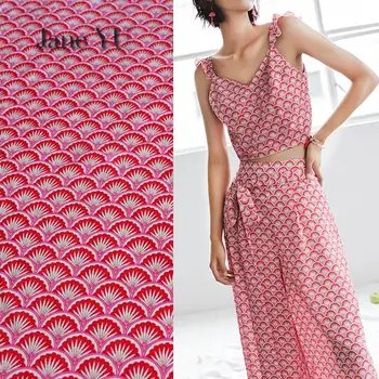 

JaneYU New Geometric Fan Patterns Printed Silk Crepe Chiffon Fabric Dresses Pants Shirts Girls'clothing Cloth