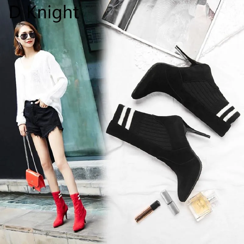 Fashion Elastic Ankle Sock Boots Stretch Thin High Heels Women Winter Sexy Black Booties Pointed Toe Women Pumps Plus Size 33-43 (2)