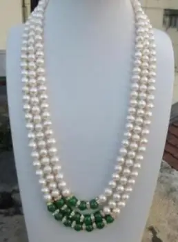 

Beautiful 3row 8-9 mm AAA white Pearl green bead Necklace 18-20inch