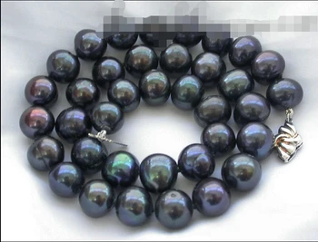 

FREE SHIPPING 00007 black round CULTURED PEARL necklace silver