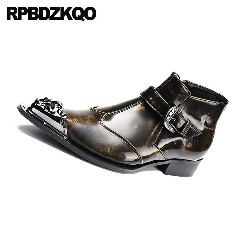 Pleine Chaussures Bottes Plus Métalliques Zipper Tan Pointu Fleur La Cuir Bout Taille Mariage Formelle Hommes Chunky Robe Concepteur De Chaussons Véritable En fb76yg