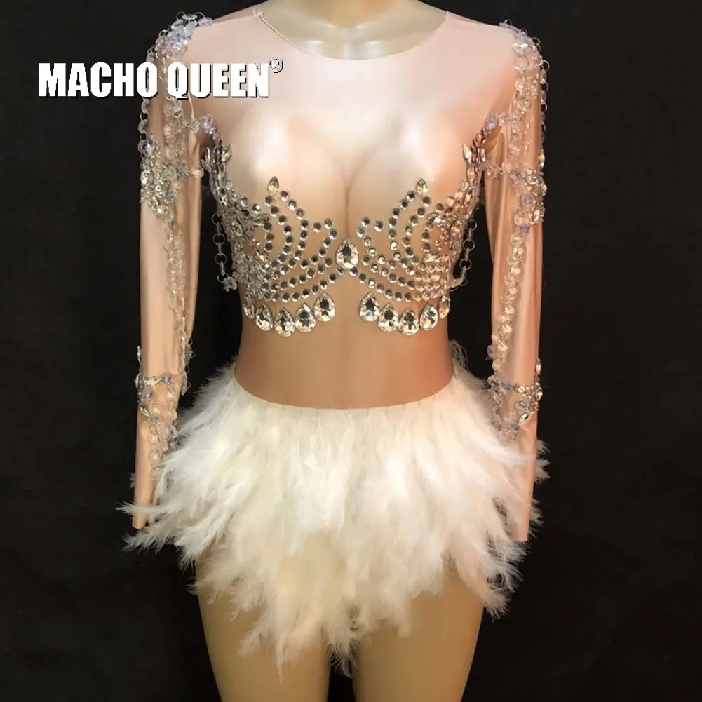 

Rhinestone Feather Tutu Bodysuit Drag Queen Costomes Party Birthday Burning Man Jumpsuit Singer Stage Show Latin Dance Wear