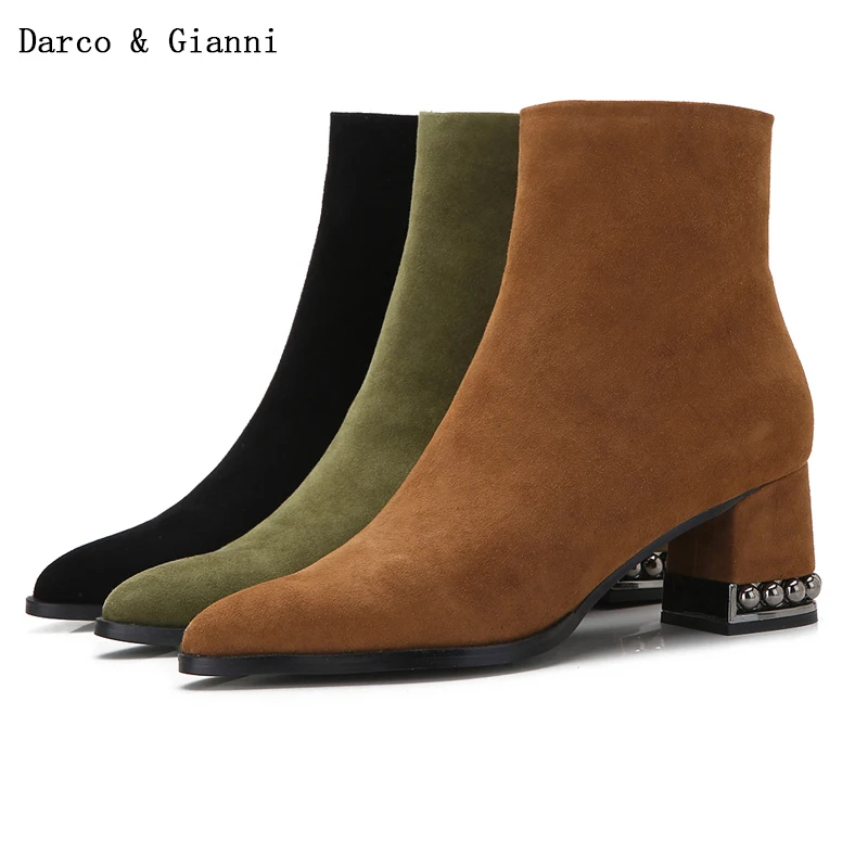 

2017 New Women's Suede Ankle Boots Western Inside Zipper Mid Block Heel ladies Booties Short Boots for Autumn Witer