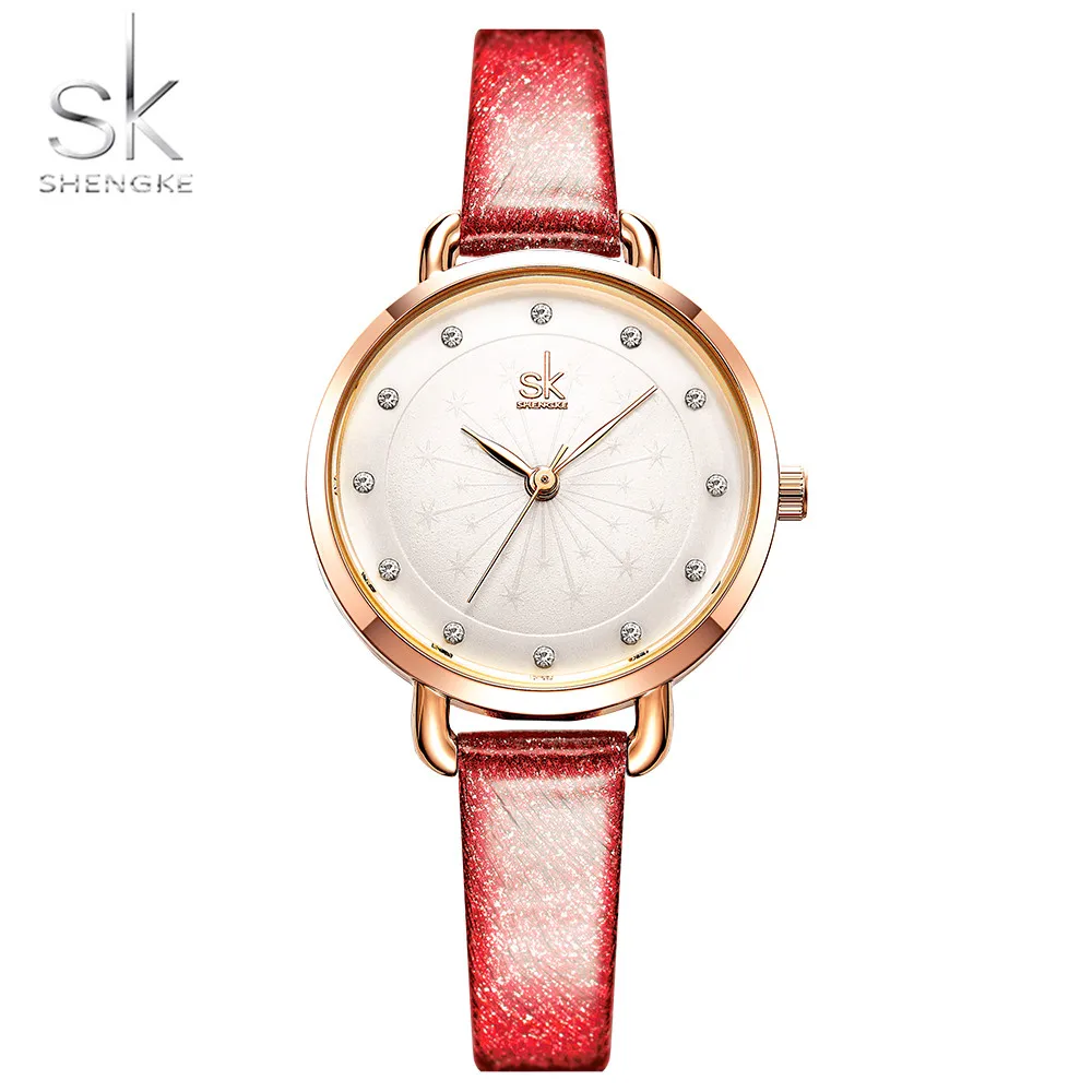 

SK Fashion Slim Watch for Woman Female Quartz Watches Red Blue Leather Strap Bling Diamond crystal Dial Clock Relogio Feminino
