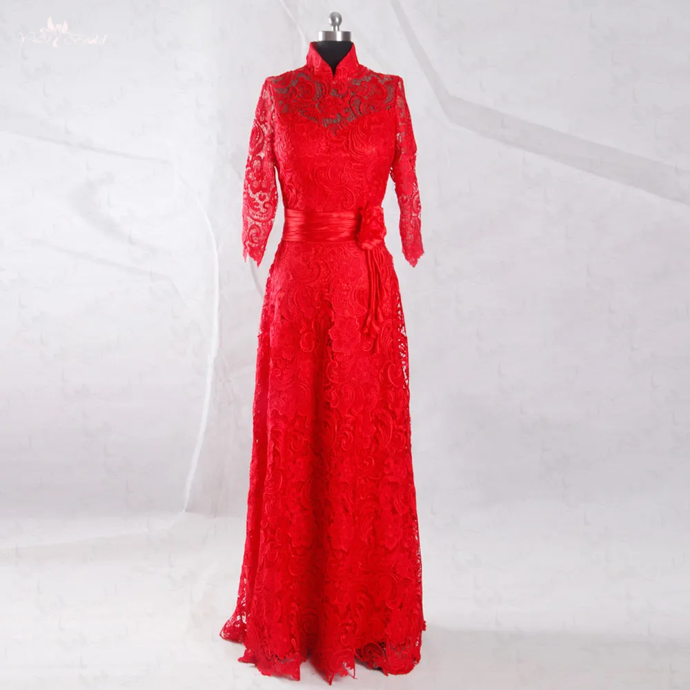 

RSW952 Cheap Floow Length Beach Party Dress High Neck Venice Lace Long Sleeve Red Wedding Dress
