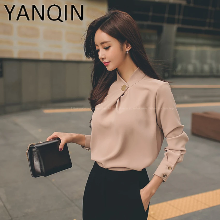 

Spring long sleeve stand collar chiffon shirts women chiffon blouses lady casual chiffon pullover Y130