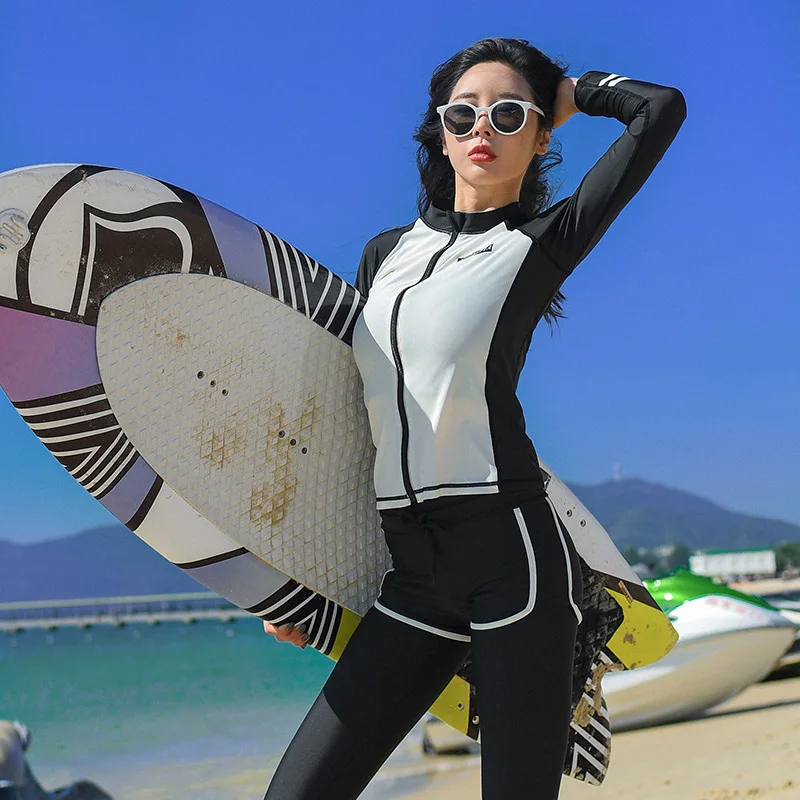 

Swimsuit Female Rash Guard For Women Swimwear Bikini Surf Split Swimming Suit Korea New Long Sleeve Surfing Zippered Dress Solid