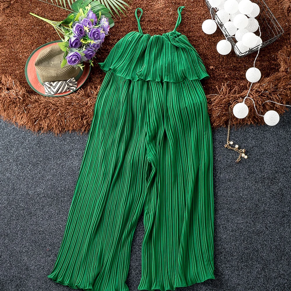 

Fashion 2019 Summer Chiffon Jumpsuit Strapless Pleated Solid Elegant Ruffle Wide Leg Jumpsuits For Woman Good Quality Playsuits
