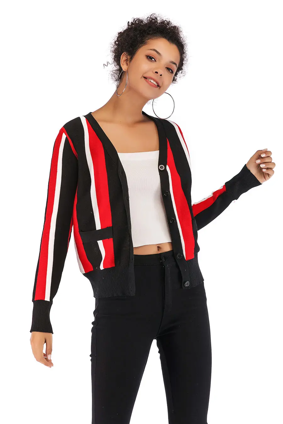 Gladiolus 2018 Autumn Winter Knitted Sweater Women Long Sleeve V-Neck Singer Breasted Pocket Striped Cardigan Women Sweater Tops (18)