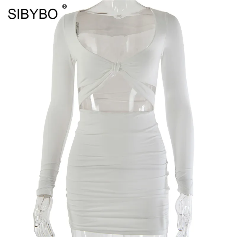 Белый Sibybo, выдалбливают, плиссированное, мини, сексуальное платье для женщин, v-образный вырез, длинный рукав, завязанное узлом, осеннее, облегающее платье, Пляжное, для девушек, повседневные платья - Цвет: Белый
