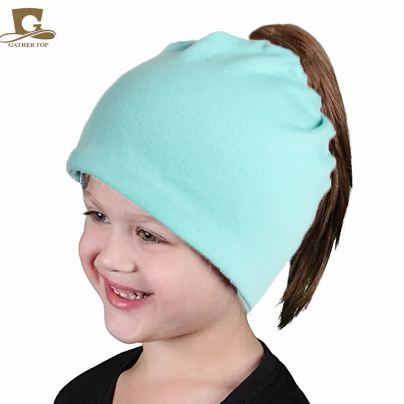 Popular New baby Girls Soft jersey High Bun Ponytail Beanie Hat kids tail slouchy cap Children