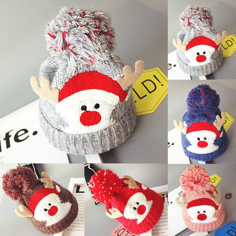 

5 Colors Available Girls&Boys Christmas Baby Hat With Pompom Winter Knitted Warm Baby Cap Crochet Cartoon Newborn Hat