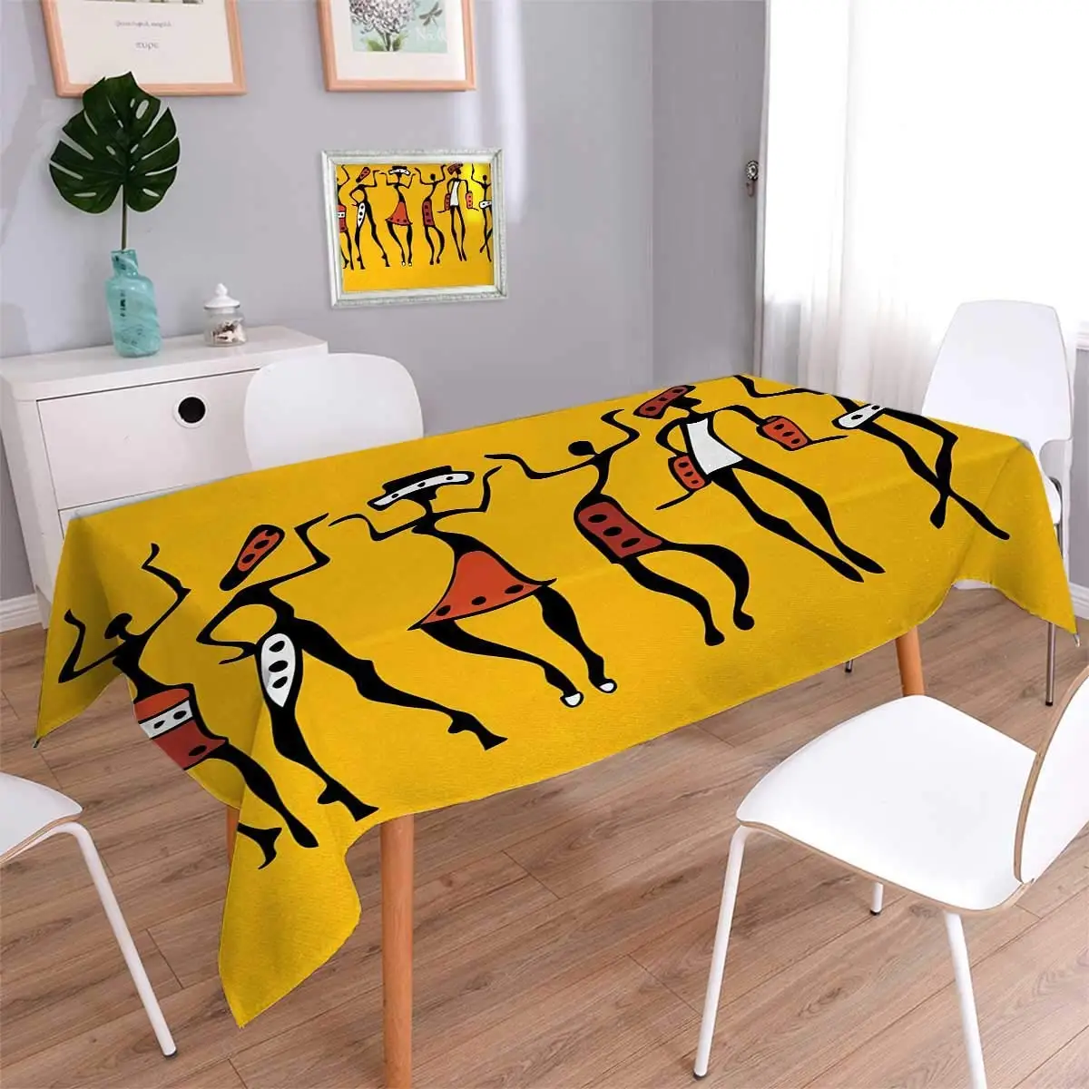 

African Table Cover African Dancers Sketchy Characters Ethnic Group Clan Disco Happy Graphic Tablecloth Mustard and Orange