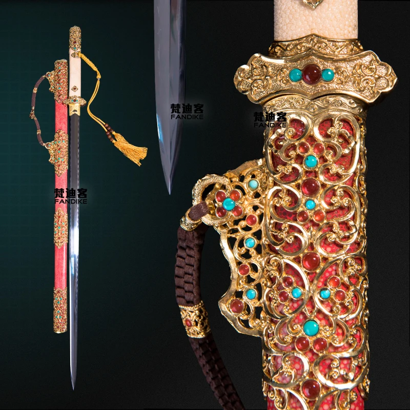 

High quality Handmade Feather Patterned Steel under the Solid to Burn Blade Chinese sword Real Leather wrapped scabbard Sharp