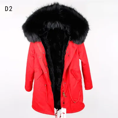 Зимняя женская куртка, пальто из натурального меха енота, воротник из кроличьего меха, Толстая теплая уличная одежда, бренд класса люкс, отстегивается - Цвет: red black C