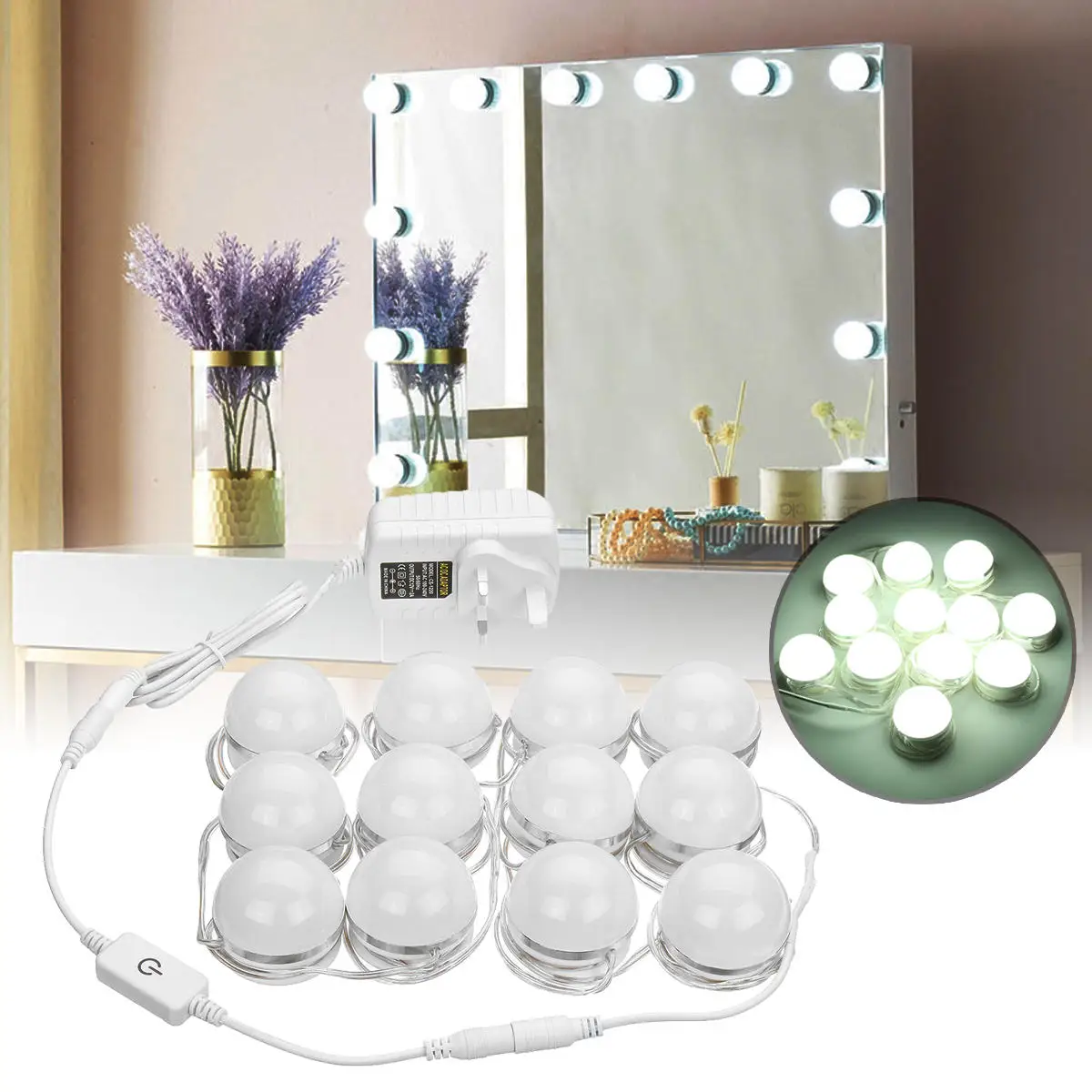 

AC100-240V 24W 12PC Hollywood Style LED Vanity Makeup Dressing Table Mirror Light Kit + UK/US/AU/EU Plug